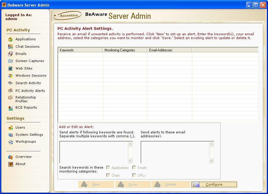 PC Activity Alerts The PC Activity Alerts displays PC Activity Alert Settings Screen.