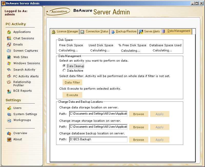 Screen Capture 38 - Data Management Screen Data Management page allows you to: 1. View how much hard disk space on server is consumed by data uploaded from client machines. 2.