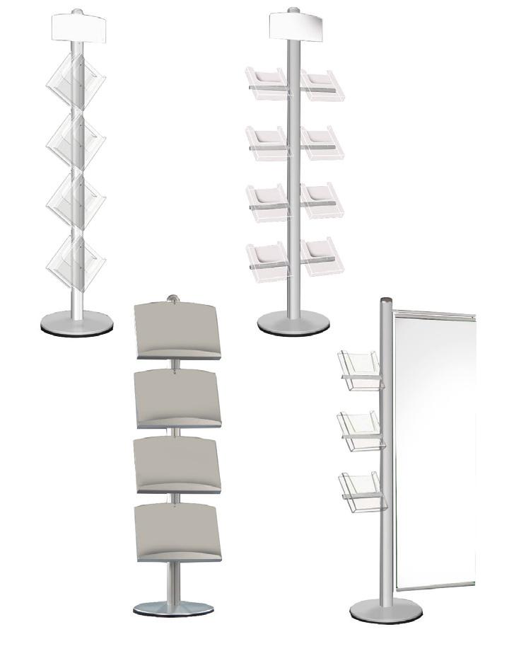 A. Modular Stand - A 2 Channel Pole Display System incorporating 8x A4 Angled Dispensers and Header. B.