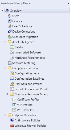 Using the Assets and Compliance Workspace The Assets and Compliance workspace has: Nodes for the users and devices discovered in your hierarchy Nodes for the collection that you use