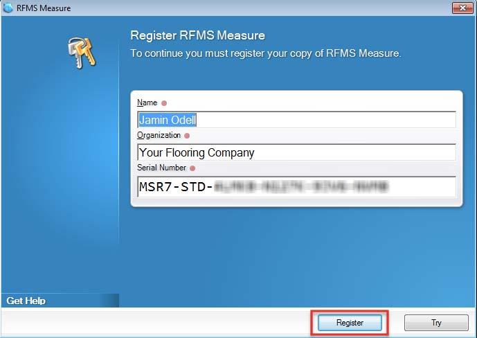 The Measure Registration dialog box will appear. Enter your name and organization name.