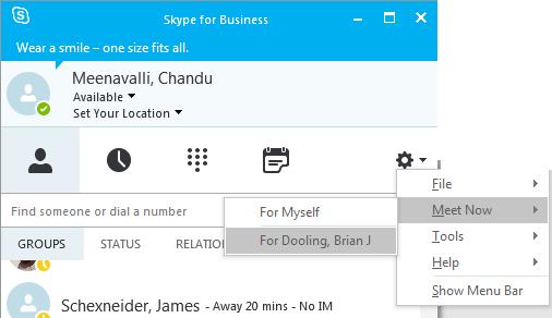 Start an Unscheduled Meeting on Behalf of Another To start an unscheduled meeting on behalf of the dean : Open Skype for Business.