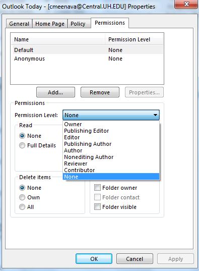 In the Properties dialog box, change the Permission Level of the delegate to Owner.
