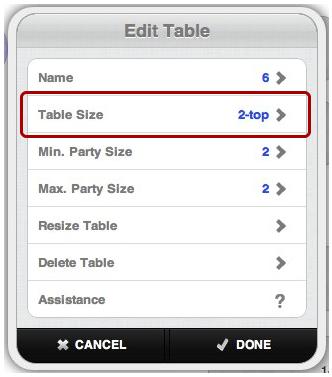 Table Size Click on "Table Size" and select