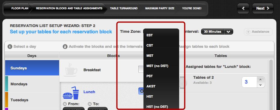 Reservations Setup Wizard Reservation Blocks and Table Assignments Time Zone Click on