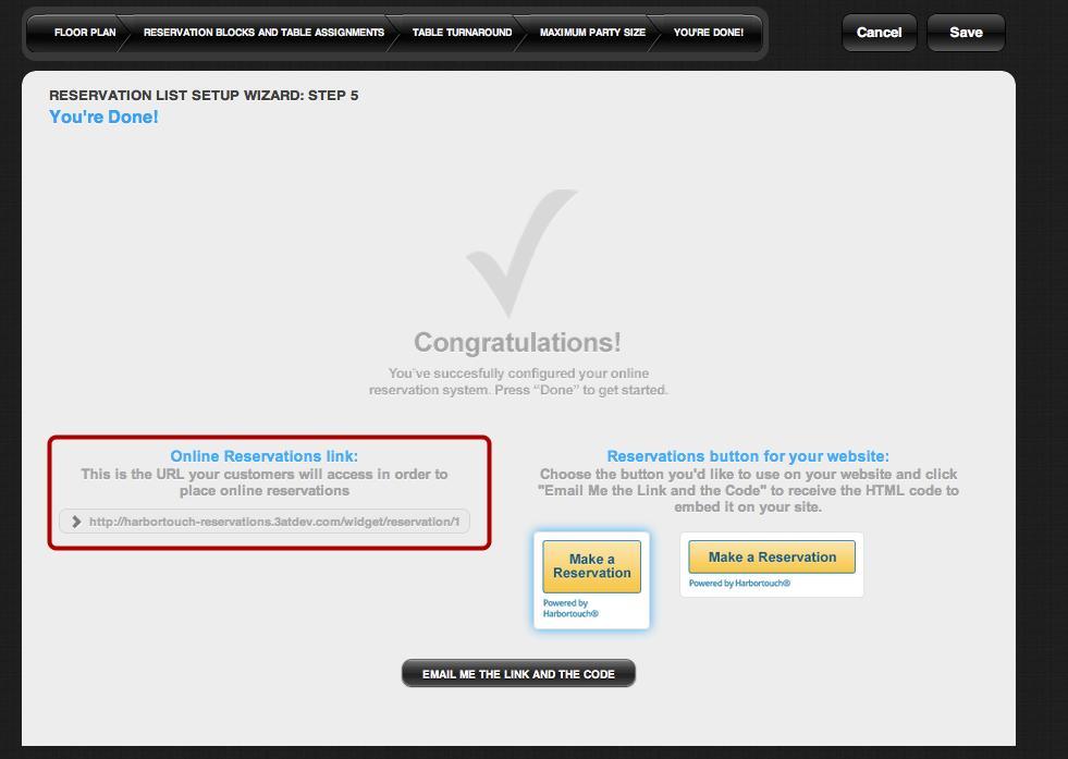 Reservations Setup Wizard You re Done Online Reservations Link The You're Done page confirms that you have finished setting up Reservations.