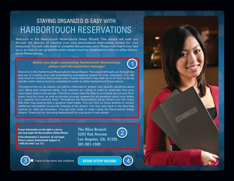 The first time you access Harbortouch Reservations, the welcome screen will appear. Please take a moment to read the important message (1).