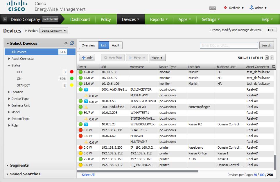 After you have integrated the device into Cisco EnergyWise Management, it should be visible in the device table.