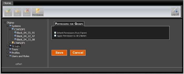 SECTION 3: USING DIGIOP CONTROL 3.7.1 Group Permissions To open the group permissions menu: 1. Click the Groups link in the left frame, then click the Permissions icon at the top of the window. 2.
