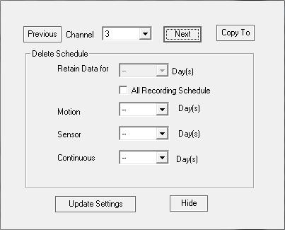 SECTION 4: USING KIOSK MODE You can choose to delete recorded video after 1-90 days or to never delete video by leaving the dashes ( -- ) in the Retain Data field.