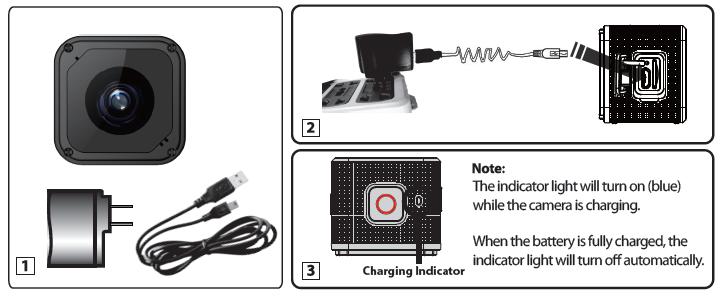 CHARGING VIA THE AC ADAPTER 1. Power off the camera. 2. Use the supplied USB cable to connect the smaller end of the USB cable into the USB slot on the camcorder.