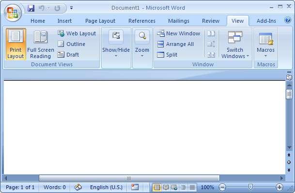 Word Document View In Word, you can display your document in one of five views: Page Layout, Full Screen, Web Online and Draft. Print Layout View This is the default view for Word 2007.