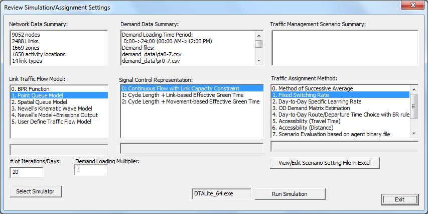 53 accessed by pressing the Run Simulation button located in the toolbar menu. Simulation settings should be edited in the input_scenario_settings.csv file prior to initiating the assignment engine.