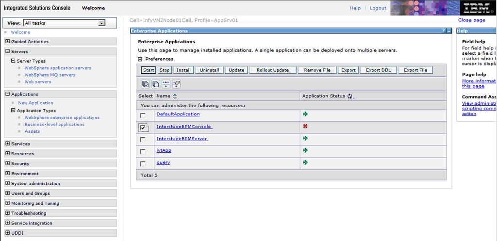 6: Installing and Deploying Interstage BPM Server with Console, OR only the Interstage BPM Server The Enterprise Applications page is displayed.