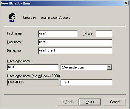 10: Setting Up a Directory Service 3. From the popup menu, select New, and then select User to open the New Object - User dialog. Figure 30: Adding a New User 4.