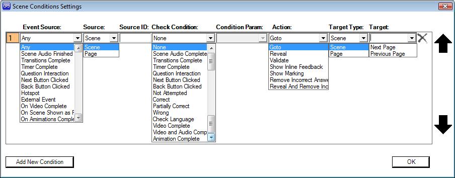Picture shows a new, blank condition. You are then free to select options from the lists and input values to make your conditions work.