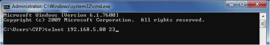 Once in the command line interface (CLI) type "telnet", the IP address of the unit you wish to control and "23", then hit enter.