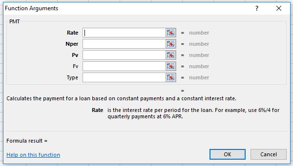 For this example the PMT function has been selected from the financial category. The PMT function will calculate the payment amount for a loan based on the arguments provided.