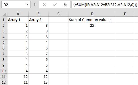 The values returned from the If function are 0, 0, 0, 4, 5, 0, 0, 0, 4, 12, 0, for a result of 25. (The array formula for the active cell can be seen in the formula bar).