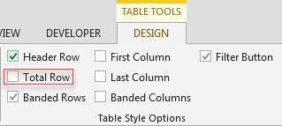 Clicking on this checkbox will display another row at the bottom of the table with the word Total in the first cell.