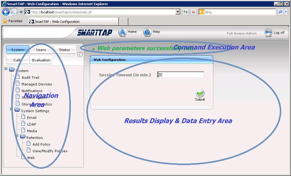 Call Recording Solution Figure 3-2: SmartTAP Main Screen The figure above shows the following three areas below the upper banner: Navigation area, allowing users to perform queries, configuration,