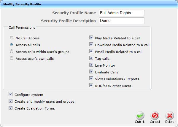 Call Recording Solution Field Permissions Modify ( ) Security Profile description sorted ascending/descending by clicking header up/down arrows.