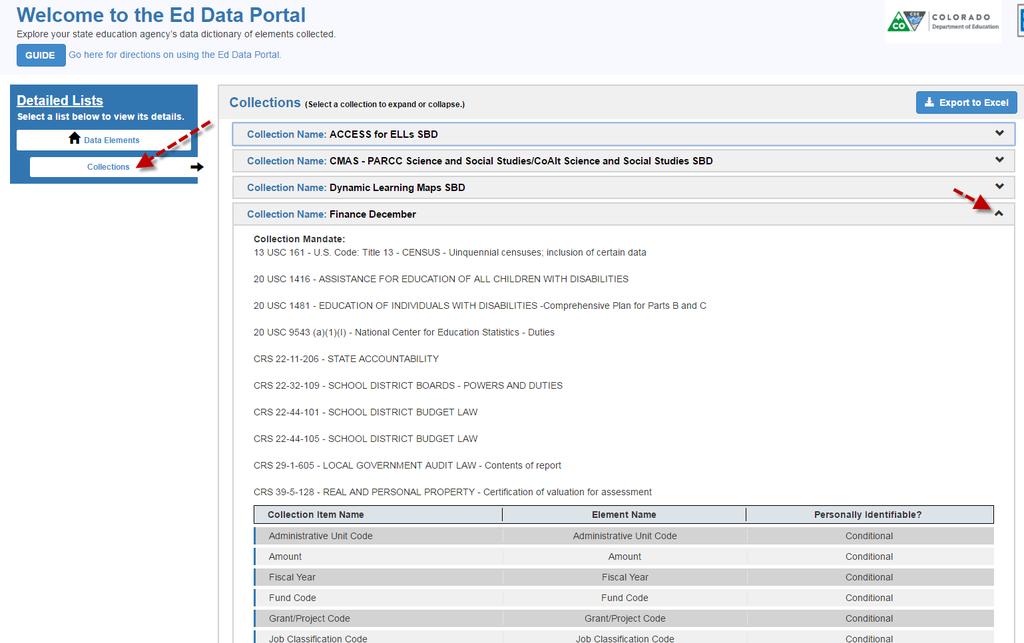CDE s Data Dictionary 3 How to Browse and Find Collections Select: Collections Shows all the current data pipeline collections that are in DataSpecs which imports over into Ed