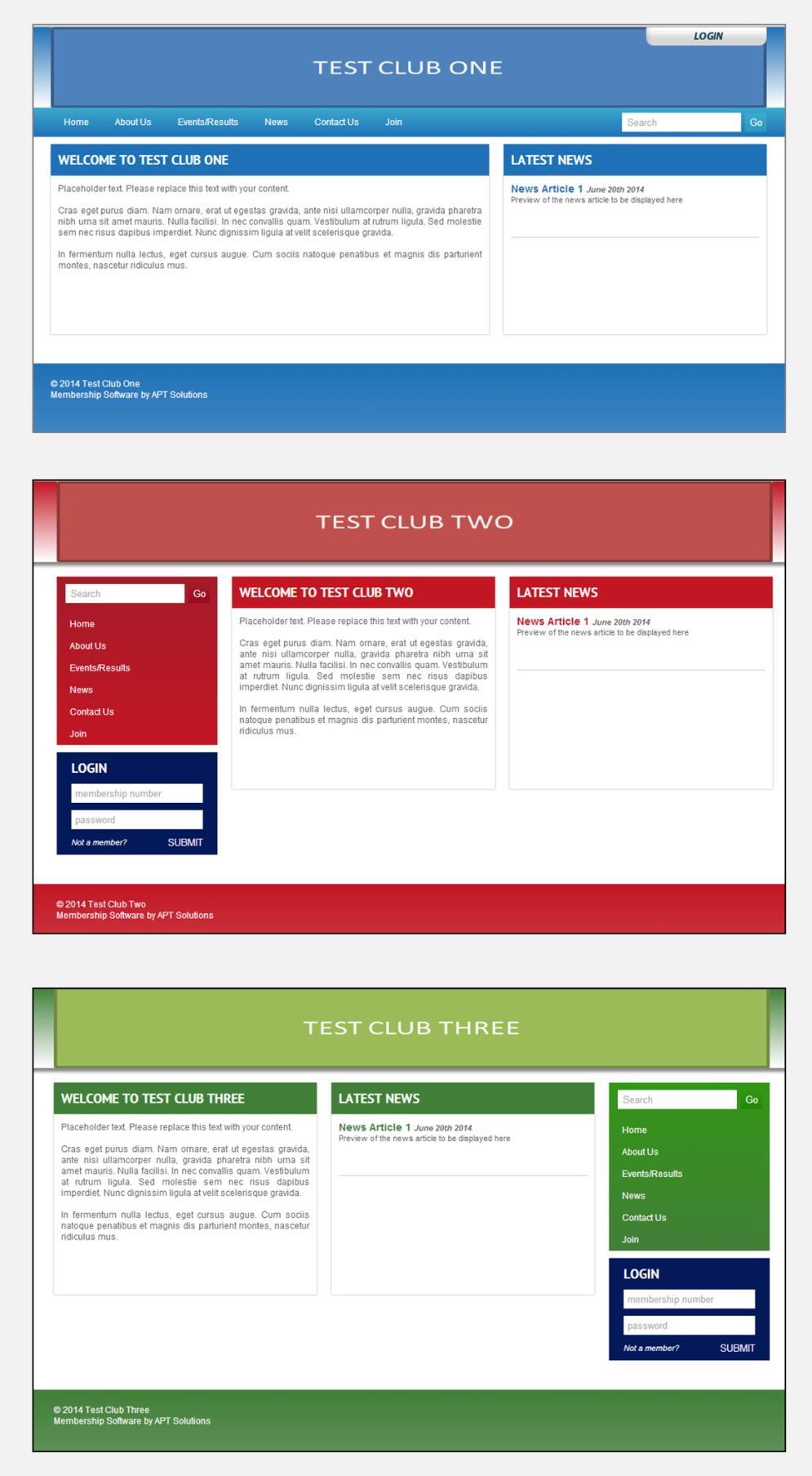 Features & Layout Template Options The standard club site will have one