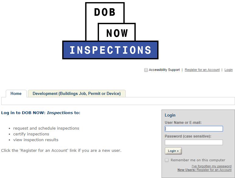 2. Enter your DOB NOW: Inspections User Name and Password and click Login.