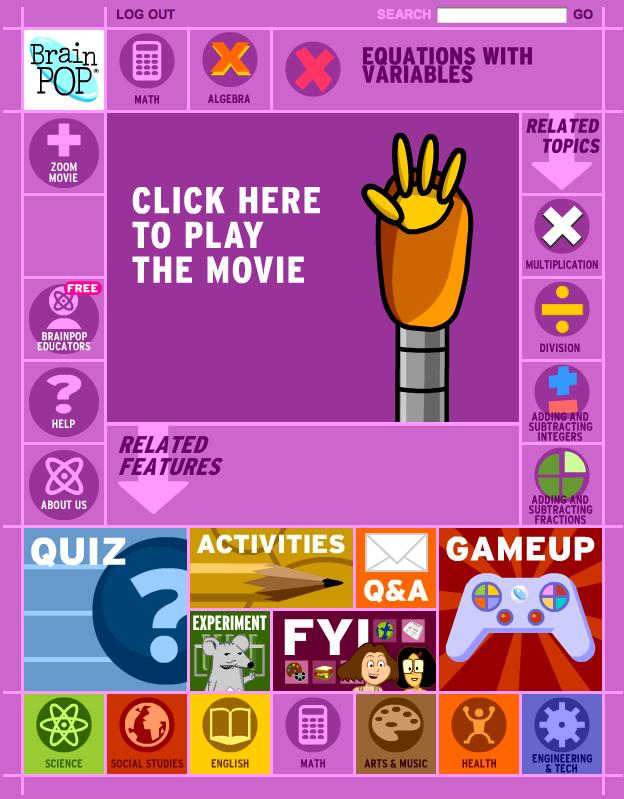 BrainPOP s Topic Page 1. After selecting a movie to watch from one of the subject areas, or through a standards search, the video topic page will load and you will be prompted to play the movie. 2.