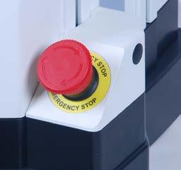 The Emergency Stop button is located on the base, adjacent to the lower right corner of the column, as shown in the image at left. Press this button at any time to stop test stand motion.