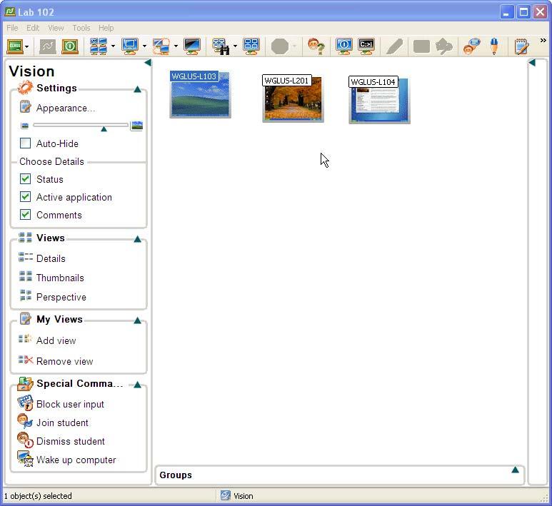 Vision Windows and Toolbars You can access most Vision features from one of the following two components: the Vision dashboard, which displays the student computers in a selected classroom; and the