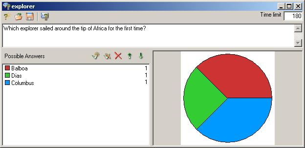 Students select an answer, and then click Send. As the students send in their answers, your screen displays the question window with a pie chart and list showing how the students answered.