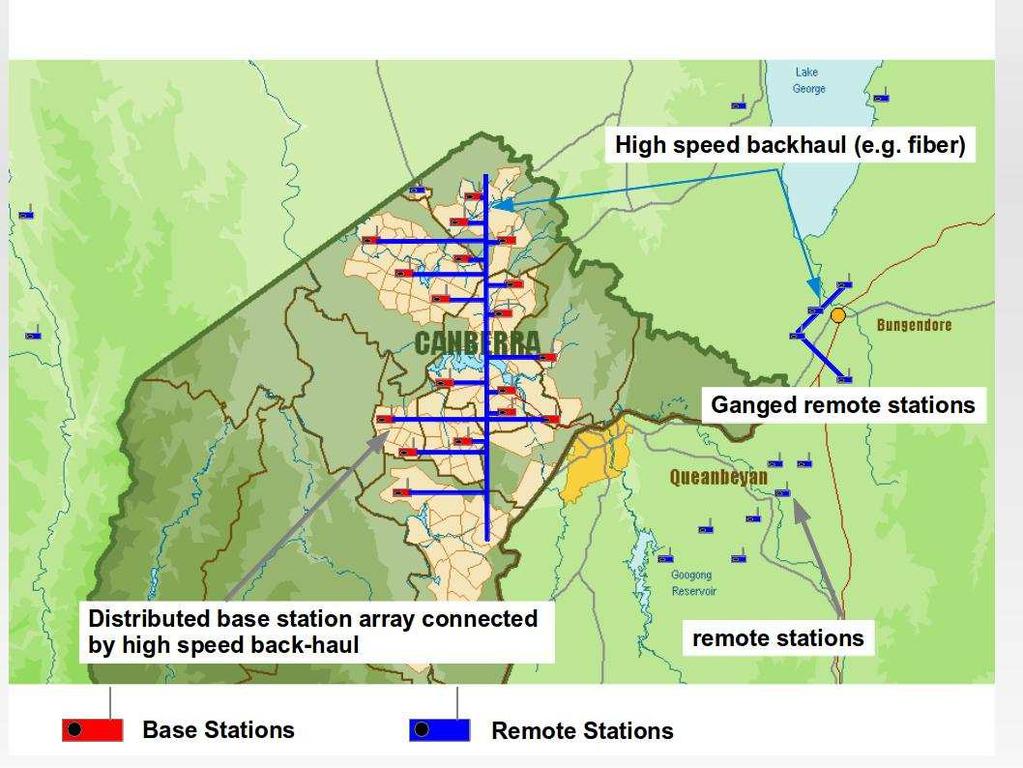 Figure 1: A pictorial representation of a BushLAN network deployment in the Australian Capital Territory. (signal-to-noise-ratio) that would be seen at the receiver of the single link.