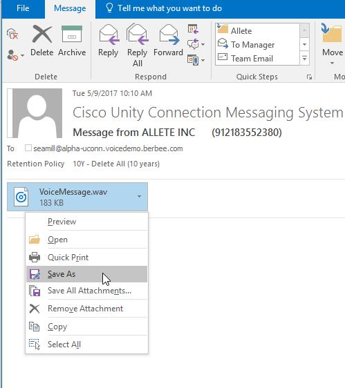 to an Outlook folder NOT under the Inbox. The Unity message aging rules only apply to the Inbox and the Deleted Items folders.