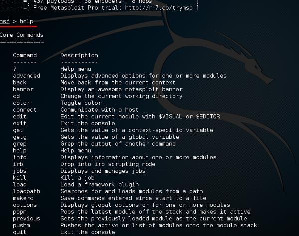 Help Command If you type the help command on the console, it will show you a list of core commands in Metasploit along with their description.