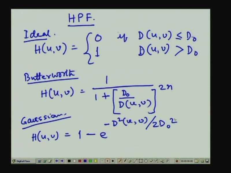 (Refer Slide Time: 45:31) So, just in the reverse way we can define an ideal high pass filter as, for an high pass filter, the ideal high pass filter will be simply H (u, v) is equal to 0 if D (u, v)