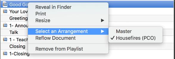 ProPresenter will automatically start the new arrangment with the sections already in the Master document. Click and drag each segment down to the appropriate area.