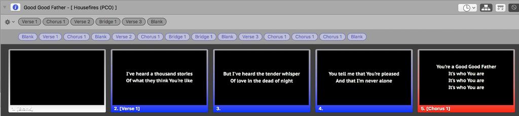 All songs imported from SongSelect will provide a master list. Seen here as Verse 1, Chorus 1, Verse 2, Bridge 1, Verse 3. The Blank was added in later.