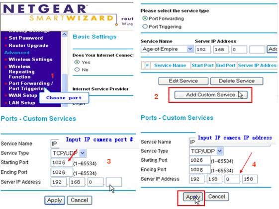 Operation Steps: After login the interface of the router, choose Port Forwarding ; Choose Add custom Service ; Input IP camera port; Input IP camera IP address,click Apply (the http port and ip