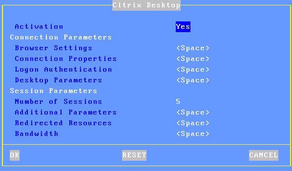 Setting-Up the Terminal [Citrix Desktop] menu: After setting 'Activation' to 'Yes' the Citrix Desktop options are available: - Browser Settings: press the spacebar to select browser settings.