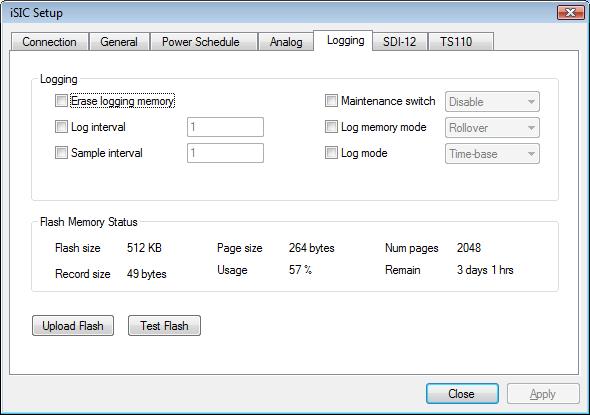 Logging: The Logging tab allows you to view the memory capacity, memory page structure, amount of memory used, data record size, and display an estimate of the amount of time left before the memory