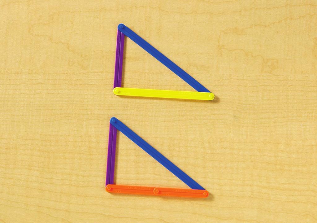 Say: Use two orange, one blue, and one purple AngLeg to make another triangle that is the same size and shape. Elicit that the two triangles are congruent.