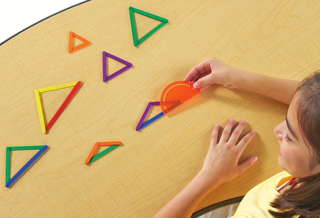 Say: Build 6 different sizes of equilateral triangles. Students build 6 equilateral triangles, each formed by 3 same-color legs. Ask: What is the measure of each angle?