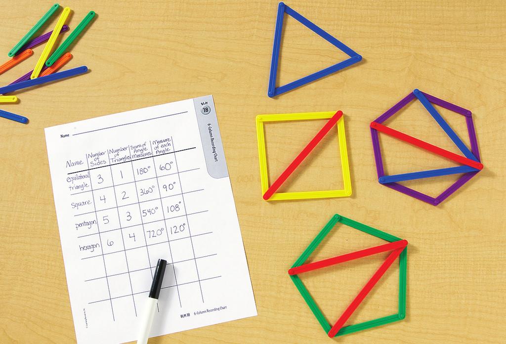 Have students build 5-sided and 6-sided polygons using green and purple AngLegs, respectively, and name each polygon on the chart. 3.