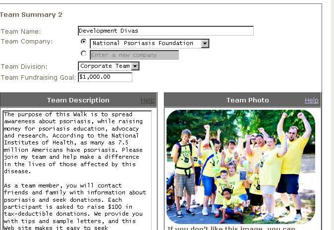 Step 4 Update team info (Skip to step 5 if you are not a Team Captain) 1. Change team name, company, or type. 2. Set or change team fundraising goal. 3. Change team description and photo. 4. Scroll down and you will see: a.