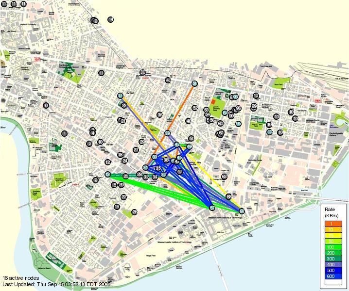 Roofnet Design Deployment Over an area of about four square kilometers in Cambridge, Messachusetts Most nodes are located in buildings 3~4 story apartment buildings 8 nodes are in taller buildings