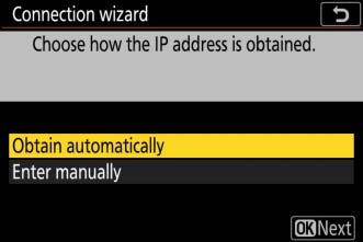 6 Obtain or select an IP address. Highlight one of the following options and press J. Obtain automatically: Select this option if the network is configured to supply the IP address automatically.