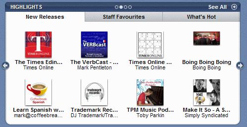 7. In the centre is a number of different icon driven sections, some of which you can scroll through. These tend to feature some of the most popular podcasts or video podcasts.