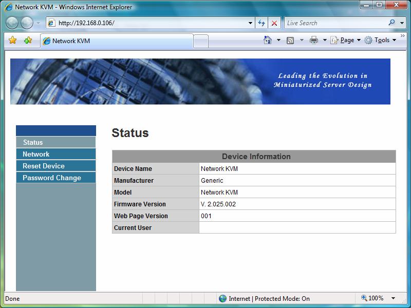 3. Application 3. Open Web Page: Brings up the server s configuration web pages. Status: This is the main page.